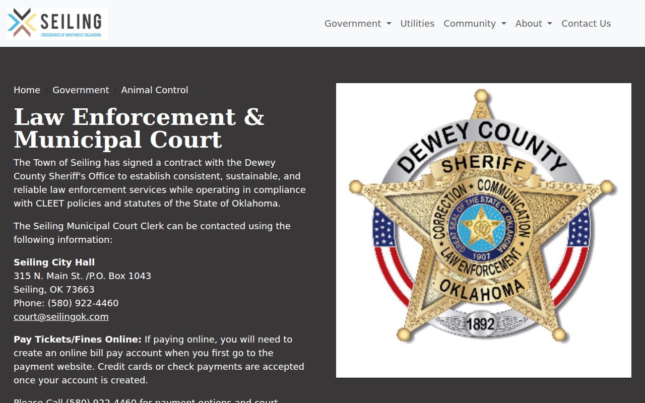 Dewey County Seiling warrant records reference showing the Seiling Municipal Court contact and payment page